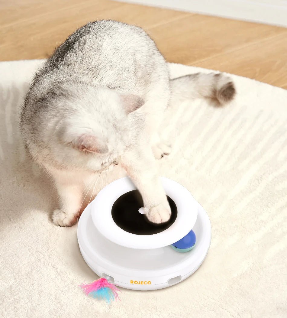 ROJECO 2 in 1 Smart Cat Toys Automatic Feather Fun Ball Toy Set For Cat Dog 5 Modes Electronic Interactive Pet Toy Accessories - JENZOS