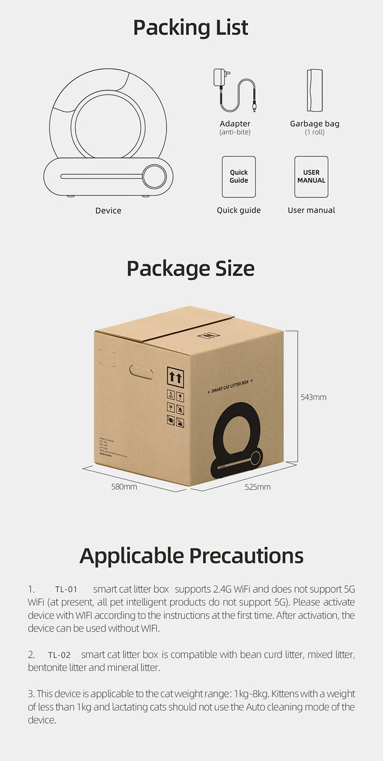 Automatic Self - Cleaning Cat Litter Box - 65L, APP Control, WiFi, Odor Eliminator - JENZOS