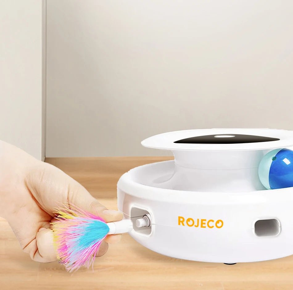 ROJECO 2 in 1 Smart Cat Toys Automatic Feather Fun Ball Toy Set For Cat Dog 5 Modes Electronic Interactive Pet Toy Accessories - JENZOS