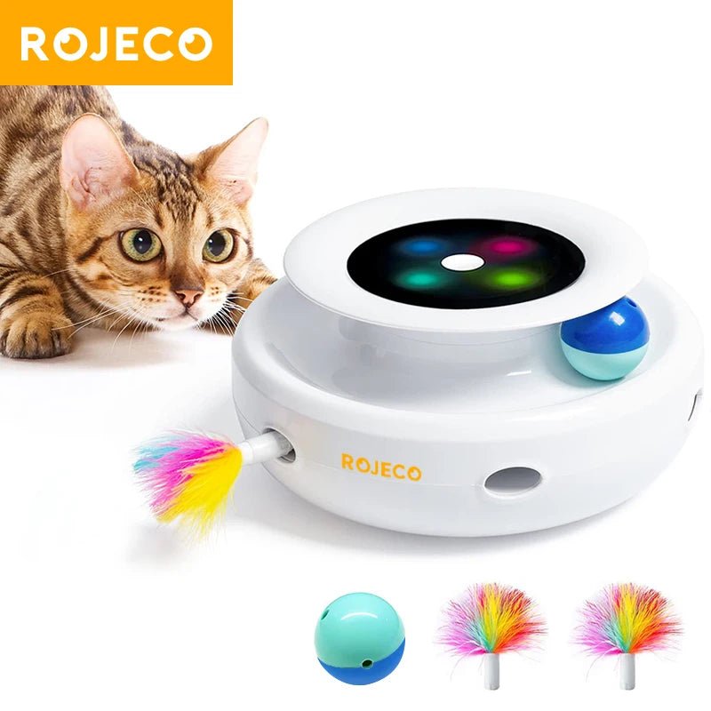 ROJECO 2 in 1 Smart Cat Toys Automatic Feather Fun Ball Toy Set For Cat Dog 5 Modes Electronic Interactive Pet Toy Accessories - JENZOS