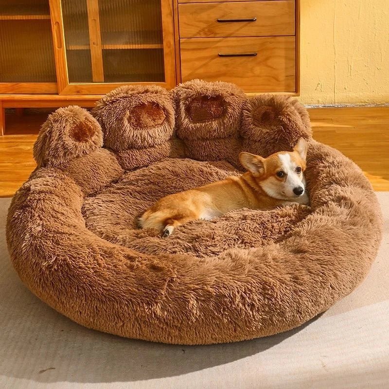 Bear Paw Pet Bed Warm Plush Calming Donut Bed for Medium Dogs Cats, Anti - Anxiety Puppy Cat Cushion Mat Winter Soft Round Bed - JENZOS