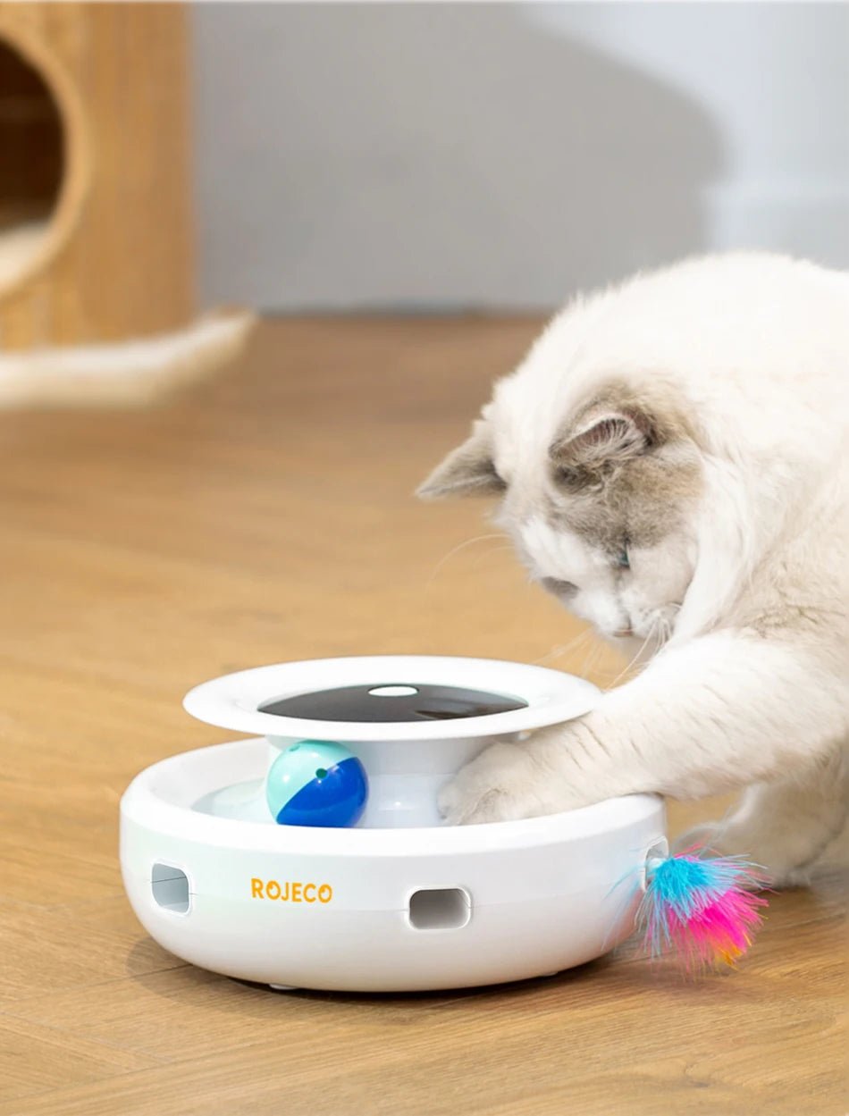 ROJECO 2 in 1 Smart Cat Toys Automatic Feather Fun Ball Toy Set For Cat Dog 5 Modes Electronic Interactive Pet Toy Accessories - JENZOS