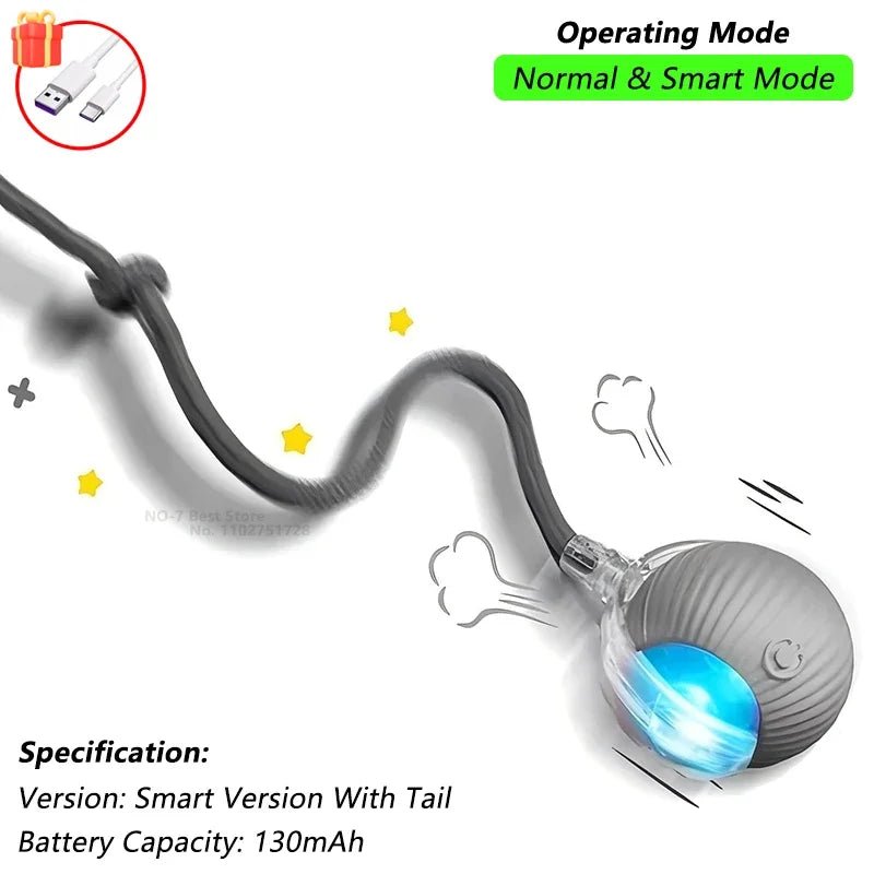 Dog Cat Interactive Ball Toy Automatic Rolling Ball Faux Tail Rechargeable Smart Pet Electric Toy Dog Cat Training Imitate Mouse - JENZOS