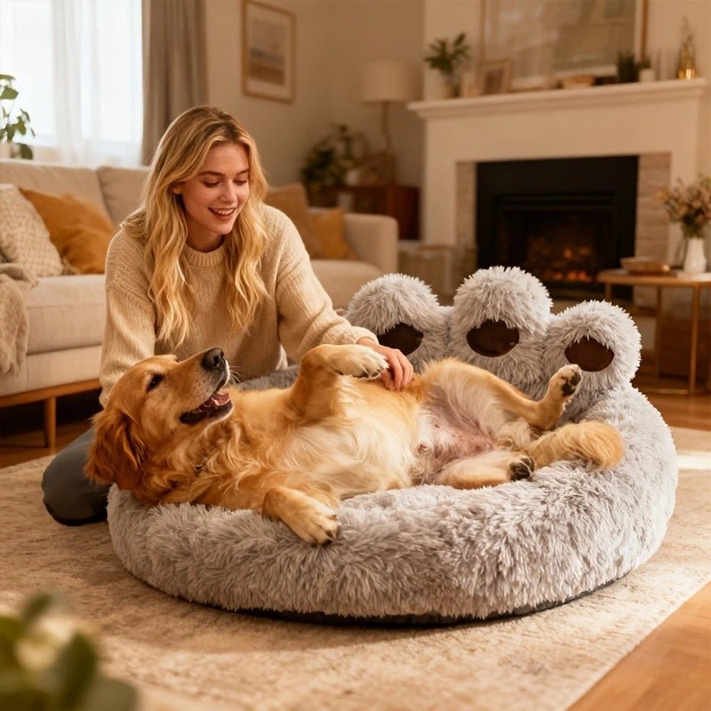 Bear Paw Pet Bed Warm Plush Calming Donut Bed for Medium Dogs Cats, Anti - Anxiety Puppy Cat Cushion Mat Winter Soft Round Bed - JENZOS