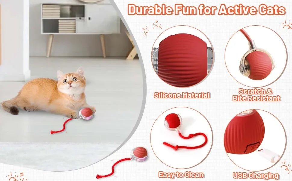 Dog Cat Interactive Ball Toy Automatic Rolling Ball Faux Tail Rechargeable Smart Pet Electric Toy Dog Cat Training Imitate Mouse - JENZOS