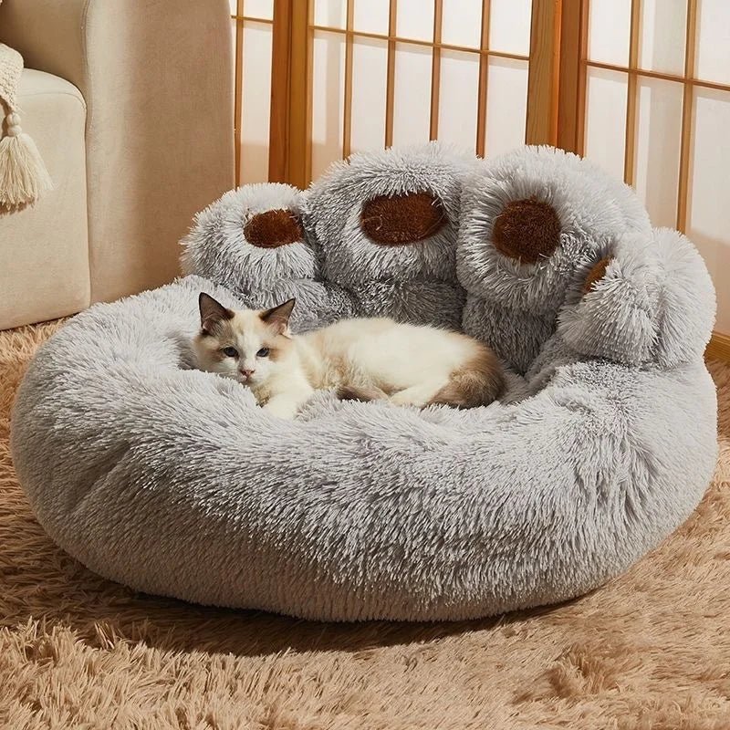 Bear Paw Pet Bed Warm Plush Calming Donut Bed for Medium Dogs Cats, Anti - Anxiety Puppy Cat Cushion Mat Winter Soft Round Bed - JENZOS