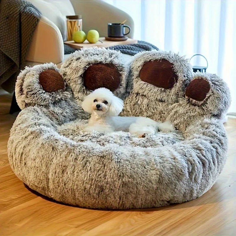 Bear Paw Pet Bed Warm Plush Calming Donut Bed for Medium Dogs Cats, Anti - Anxiety Puppy Cat Cushion Mat Winter Soft Round Bed - JENZOS
