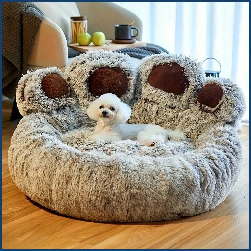 Bear Paw Pet Bed Warm Plush Calming Donut Bed for Medium Dogs Cats, Anti - Anxiety Puppy Cat Cushion Mat Winter Soft Round Bed - JENZOS