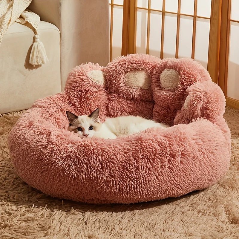 Bear Paw Pet Bed Warm Plush Calming Donut Bed for Medium Dogs Cats, Anti - Anxiety Puppy Cat Cushion Mat Winter Soft Round Bed - JENZOS